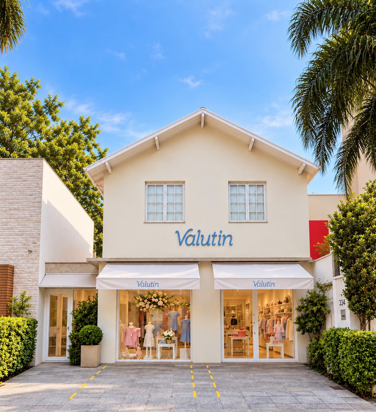 Fachada da loja Valutin, com vitrines e toldos claros